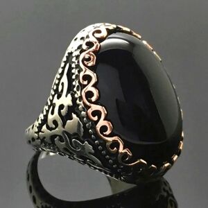 Unisex ring black stone oval, 925 silver and gold look size 9